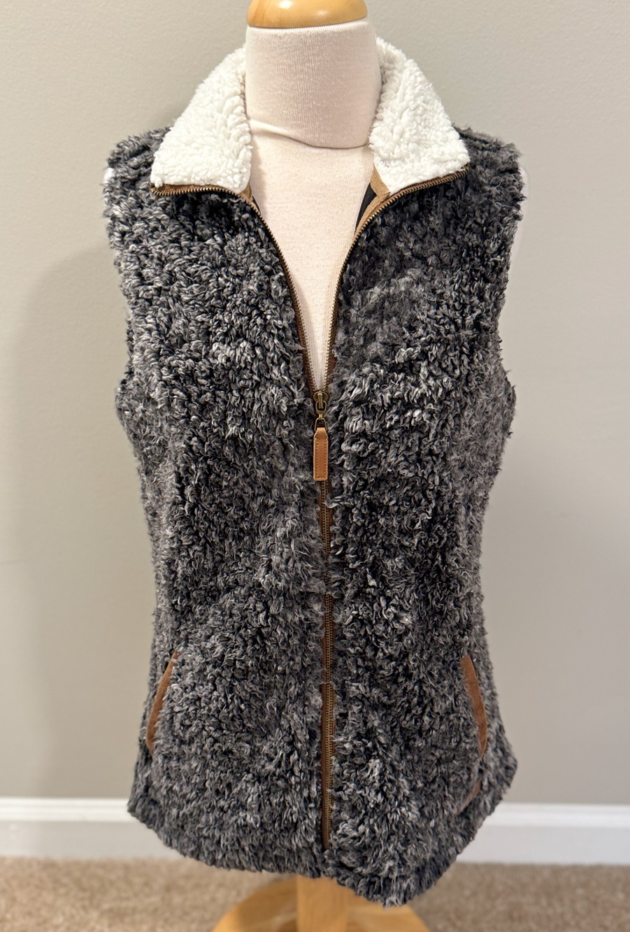 Marleylilly Womens Vest Sherpa Teddy Fleece Charcoal Gray Full Zip Pockets S M